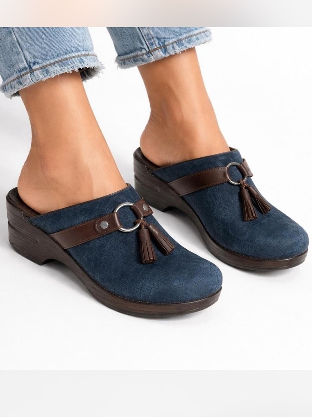 Dansko Leather Clogs Blue Croc Embossed Tassel Mule Comfort Shoes Size EU 40